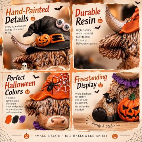 Karenhi 2 Pcs Highland Cow Figurines, Halloween Tabletop Statues Decor