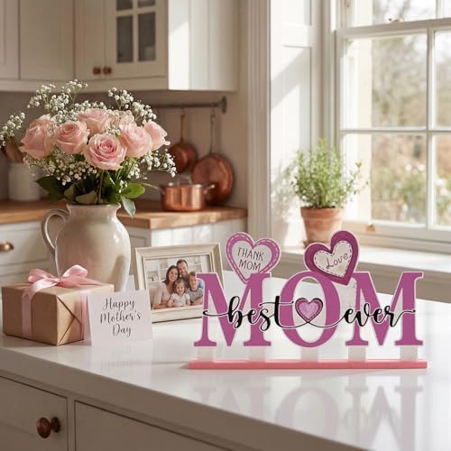 Smile Happy Mother's day Indoor Decorations Wooden Decor Table Centerpiece Thank You Mom Wooden Plaque Ornaments for Home Kitchen