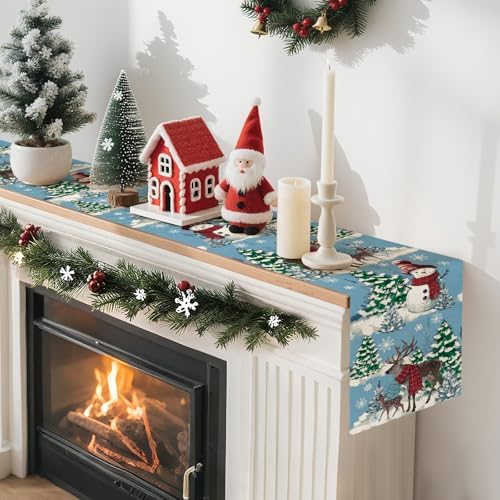 Artscope Reindeer Snowman Christmas Tree Table Runner, Xmas Winter Snowflakes Holiday Kitchen Dining Table Decoration for Christmas Home Party Decor 13x48 Inch-Light Blue