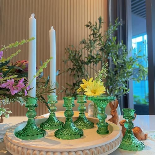Green Glass Candlestick Holders, Taper Candle Holders, Set of 6