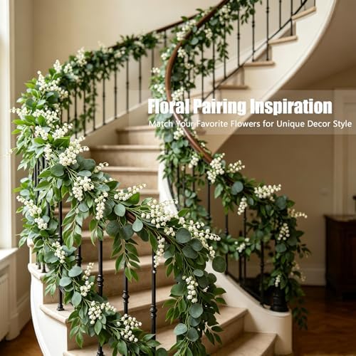 GREENTIME 4Pack 6.5Ft Artificial Eucalyptus Garland with Willow Leaves