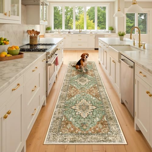 RELEANY Washable Area Rug, Runner 2'6"x8', Brick/Brown/Green
