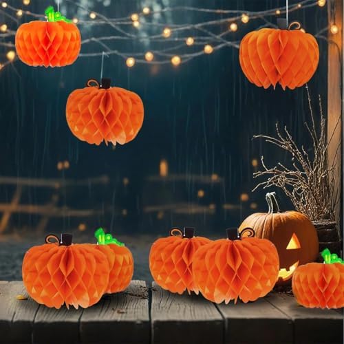 12 Pcs 10 Inch Hanging Pumpkin Shaped Honeycomb Centerpiece with String, Large Autumn Tissue Ball Table Decoration for Halloween Thanksgiving Party Supplies