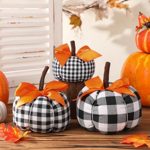 Beeveer 3 Pcs Fall Pumpkins Decor Black and White Farmhouse Decorative