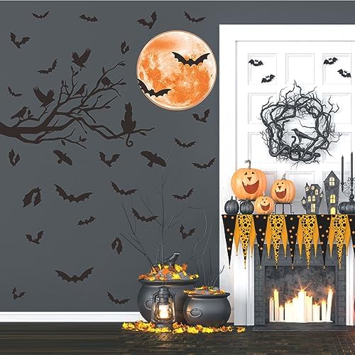 Halloween Moon Bat Wall Sticker Black Tree Branch Crow Wall Decals Clings