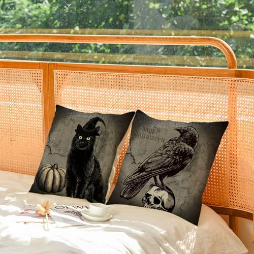 YeeJu Set of 4 Halloween Pillow Covers 20x20 Inch Spooky Skull Ghost Decor Throw Pillow Covers Black Cat Crow Halloween Cushion Covers Linen Pillow Cases for Home Outdoor Sofa Couch (20 by 20)