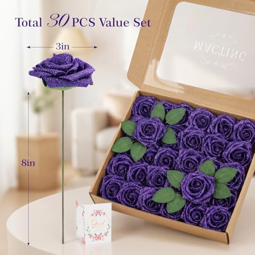 30PCS Purple Glitter Artificial Roses with Stems, Real Touch Foam Flowers