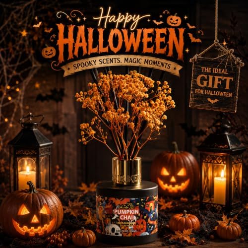 Airkeep Halloween Reed Diffuser Set,3.38 fl oz (100 ml) - Pumpkin Chai Oil Diffusers with 8 Reed Sticks, Home Fragrance