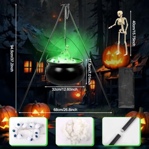 Halloween Decorations Outdoor, Large Witch Cauldron, with Large Tripod/Green Lights/Cotton/40CM Skull/Green Glowing Eyes, Witch Cauldron Magic Candy Bucket Decoration, for Porch Outdoor Party