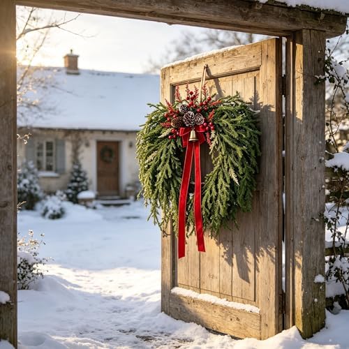 Christmas Wreath for Front Door - Artificial Cedar Winter Wreath with Red Velvet Bow, Golden Bell, Pinecones & Red Berries, Farmhouse Holiday Wreath for Indoor Outdoor Christmas Decorations