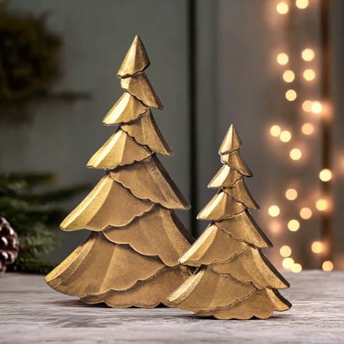 RM ROOMERS Christmas Tree Figurines Wooden, Set of 2 Gold Christmas Tree