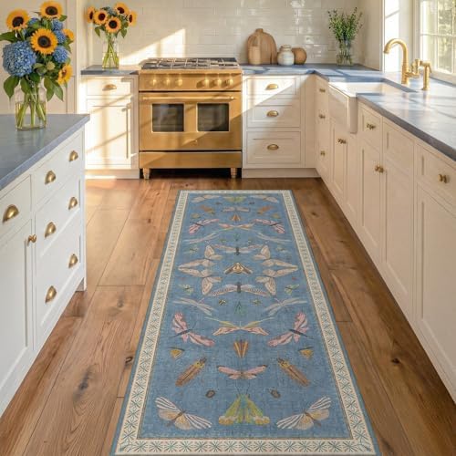 Hazo Haus Boho Non Slip Kitchen Rug Runner - 2x6 Blue Washable Rug for Bathroom, Laundry Room, Hallway, Non Slip with