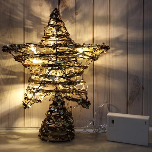 CVHOMEDECO. Rattan Star Christmas Tree Topper with LED Lights, Rustic Farmhouse Style Tree Toppers Ornaments, 8 x 10 Inch
