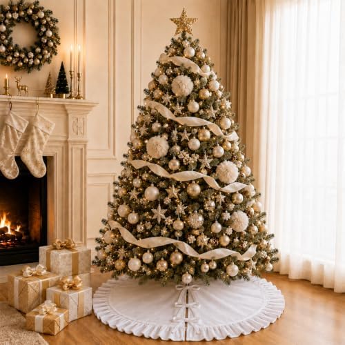 Velvet Christmas Tree Skirt White 36 inch Ruffled Holiday Tree Skirt for Rustic Xmas Tree Decoration