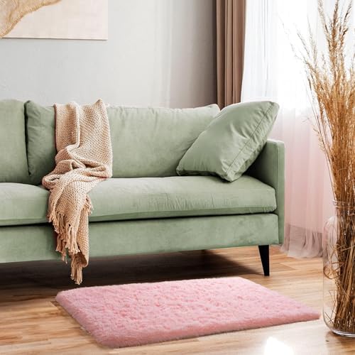Ophanie Small Rug Washable Non Slip Throw Bedside Area Rugs, Fluffy Soft Pink Mini Bedroom Carpet, Affordable Door