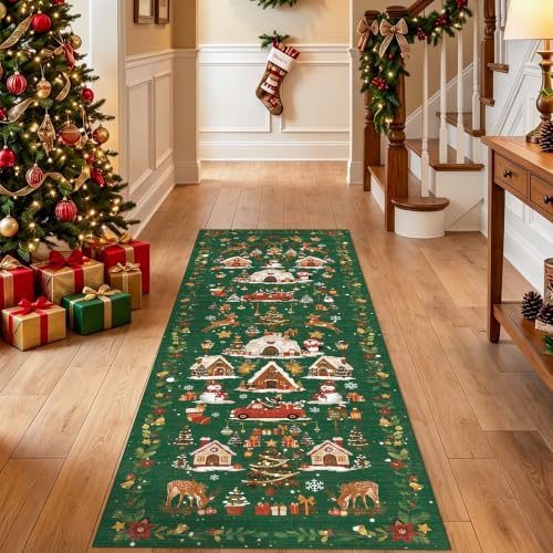 Washable Christmas Rug Runner 2x6 - Xmas Snowflake Green Rug for Kitchen Entryway Non Slip Farmhouse Low Pile Carpet