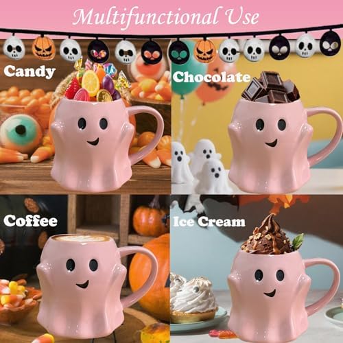 HS&ROXIN Halloween Ghost Mug 3D Cute Ghostface Novelty Coffee Mug Spooky Ceramic Ghost Cup Halloween Christmas Birthdays Party Gifts and Decorations for Kids Adult (Pink)