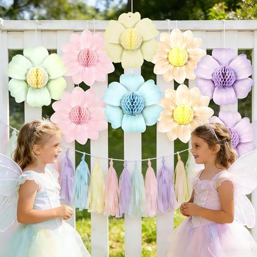 Paper Jazz 9PCS Paper Flowers Party Decorations,Pastel Honeycomb Butterfly Party Decoration,Fairy Birthday Party Decoration for Garden Tea Party Floral Baby Shower.