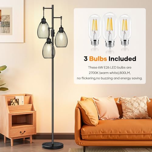 Dimmable Floor Lamp,3x800LM LED Bulbs Included, Farmhouse Industrial Floor Lamp Standing Tree Lamp with Teardrop Cage
