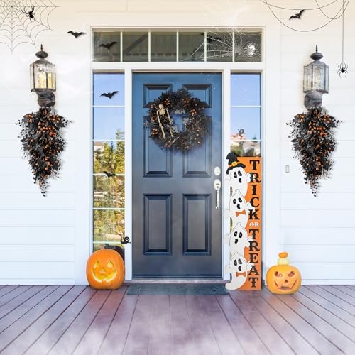 Glitzhome Halloween Teardrop Swag, 28" H Spooky Black Fall Swag Decor, Twig Wreath with Black Rose and Berry Floral Swag for Doorway, Wall, or Mantel, Set of 2