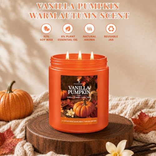 Large Fall Candle Vanilla Pumpkin Scented, 3-Wick 22oz Long Lasting