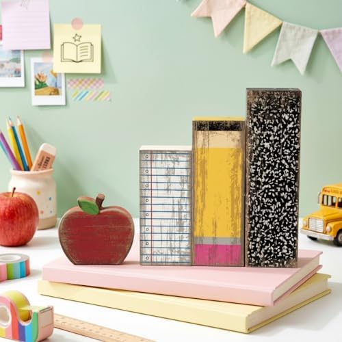 Lineshading 4 Pcs Back To School Table Decorations Wooden Apple Block Signs