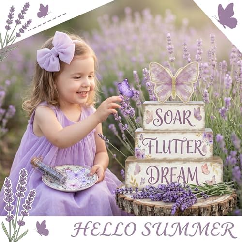Britimes Tiered Tray Decor Set, 4 Pack, Wooden Table Sign, Butterfly Floral