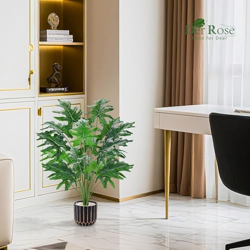 Der Rose 28" Artificial Plants Indoor, Philodendron Plant in Black Gold Pot
