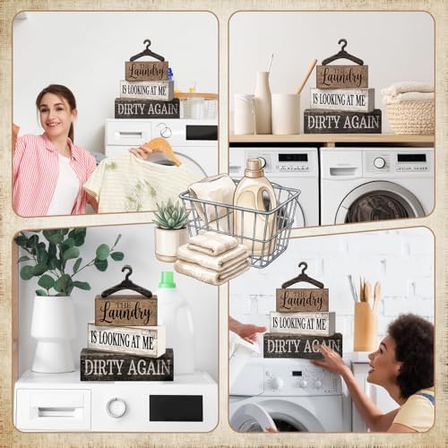Moucuny 4 Pcs Farmhouse Laundry Room Decor and Accessories Stacked Blocks