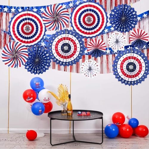 4th of July Patriotic Decorations, Red White Blue Hanging Paper Fans for Memorial Day Independence Day Fourth of July Decorations