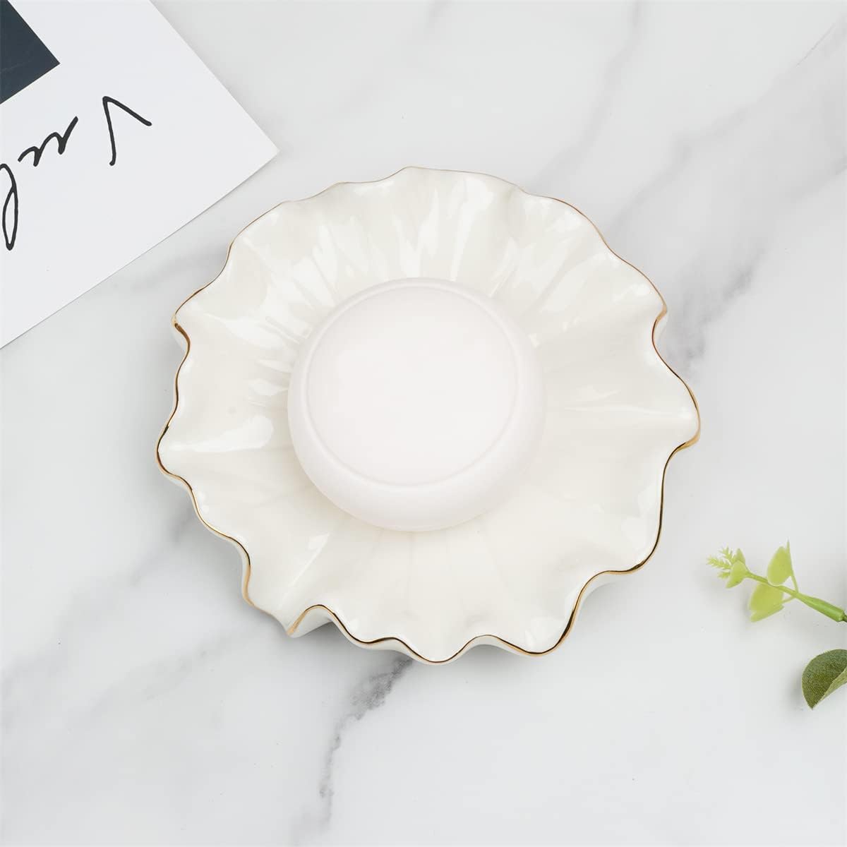 Drain Ceramic Lotus Leaf Soap Holder Soap Saver for Bar Soap / White