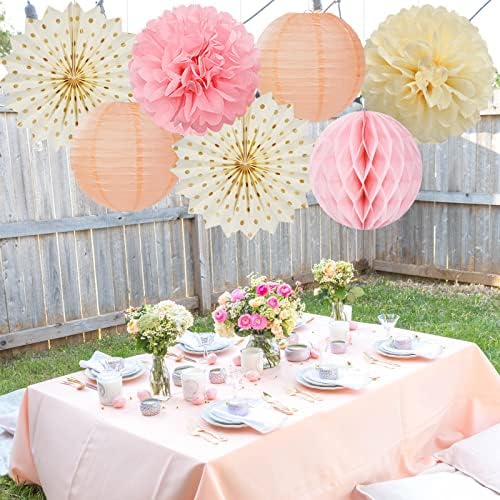 Pink Peach Gold Party Decorations - 14pcs Bridal Baby Shower Girls Birthday Paper Lanterns Fan,Tissue Pom Poms Streamers,Honeycomb Balls,Engagement Wedding Bachelorette Brunch Decor Lasting Surprise