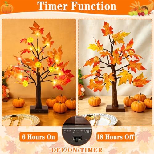 Prelit Fall Maple Tree with Pumpkin Lights Timer 24 Warm White LED 18 Inch