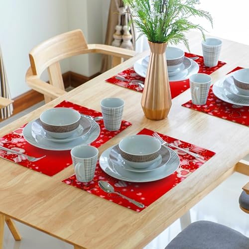 Valentine's Day Placemats Set of 6 18x12 Inch Red Heart Galentines Linen Place Mat Heat-Resistant Washable Wipeable Mothers Day Table Mat for Party Kitchen Dining Home Decor