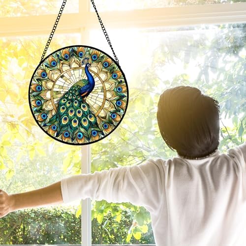 Peacock in Feather Halo Stained Glass Window Hanging Suncatcher Gifts 6.3"