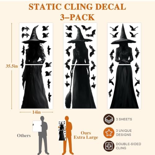 Halloween Decorations Window Clings Decor: 3pcs Large Realist Dark Witch Bats Silhouette Halloween Decals Cling Indoor, Scary Creepy Style School Home Office Party Supplies for Glass Windows