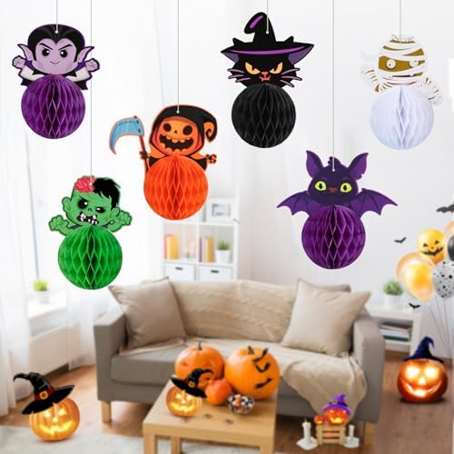 Konsait Halloween Hanging Decorations - 6 Pack 3D Honeycomb Hanging Bat Cat Zombie Vampire Decor for Indoor Outdoor Party Supplies & Accessories