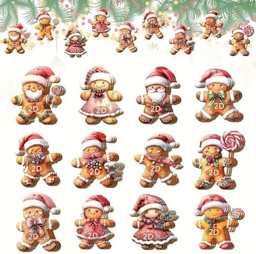 24 Pcs Christmas Gingerbread Man Hanging Ornaments Wooden 2D Indoor Outdoor Pendant Mini Cute Gingerbread Man Xmas Tree Ornaments with Lanyard for Office Home Christmas Party Decoration