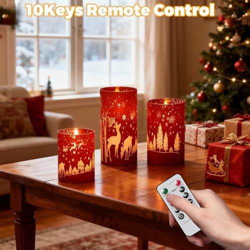 Wondise Red Christmas Reindeer LED Flameless Candles with Remote Timer