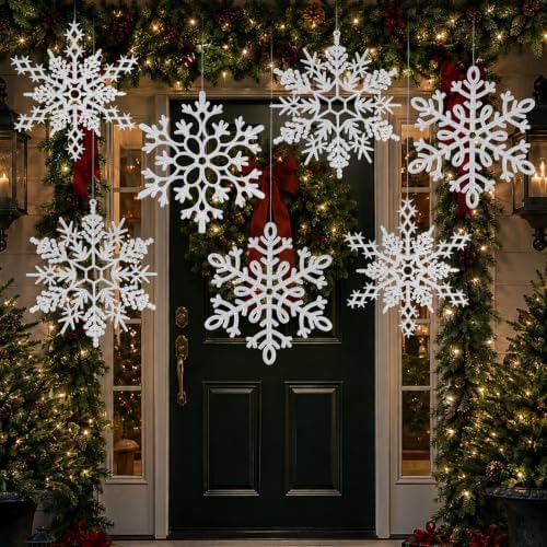 12pcs Large Silver Snowflakes Ornaments 12” Big Plastic Glitter Snowflake for Winter Indoor Outdoor Christmas Tree Window Room Decorations Giant Craft Snowflakes
