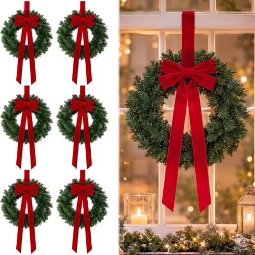 Roowest 6 Pack 12'' Christmas Window Wreaths Decorations & Red Velvet Bow