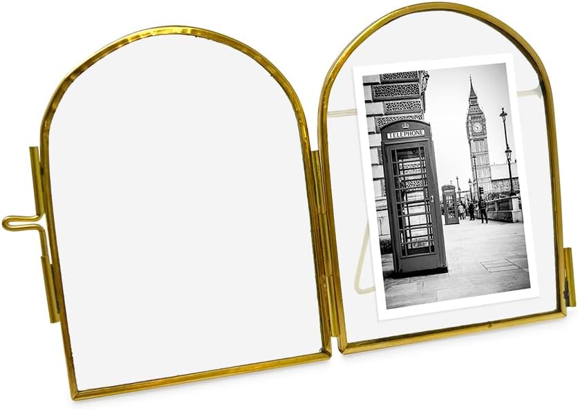 Arched Brass & Glass Metal Floating Picture Frame / 2 x 3 / Antique Gold