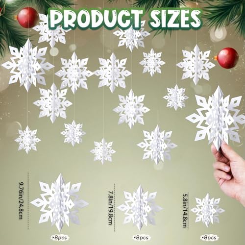 Snowflake Decorations, Paper Christmas Hanging Decor Indoor, White, 24-Pc