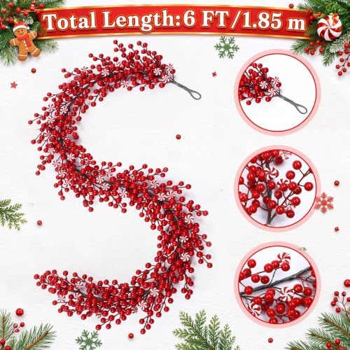 Thiccywoov 6 ft Christmas Candy Cane Garland for Mantel，Red and White