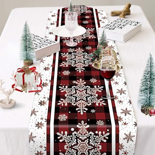 Niviy Snowflakes Christmas Table Runner with Buffalo Plaid, Winter Xmas Holiday Kitchen Dining Table Decoration for Indoor Outdoor Home Party Decor 13 x 120