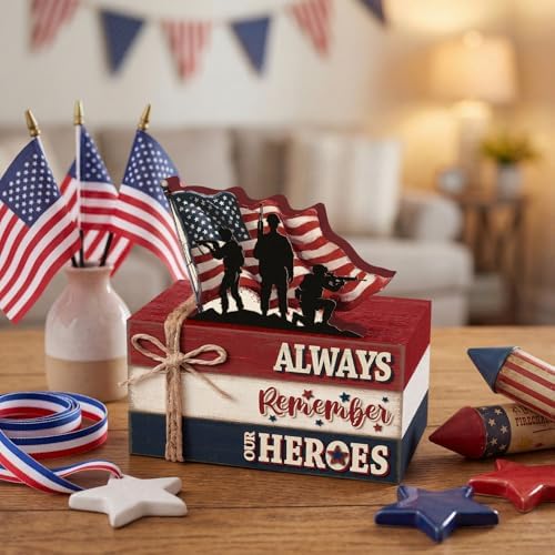 Geelin 4 Pcs 4th of July Wooden Book Stack Sign Decor, 250th Anniversary Patriotic Red White USA Tabletop Decoration with Soldier and American Flag, Rustic Farmhouse Tiered Tray Decor for Home Office