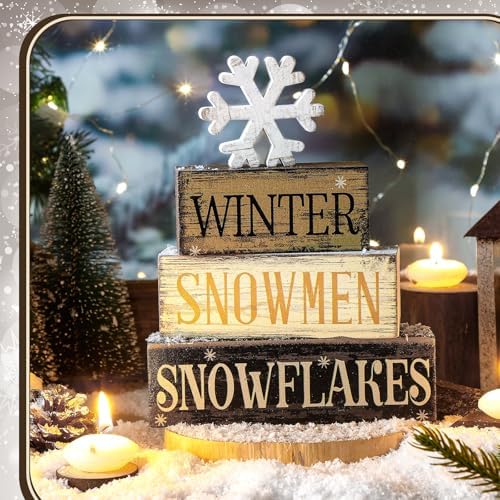 Moucuny 4 Pcs Wooden Block Signs Winter Tiered Tray Decor Farmhouse