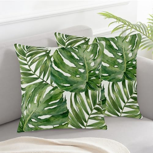 Summer Tropical Pillow Covers 18x18 Set of 2 Green Palm Leaf Decorative Throw Pillows Case Monstera Botanical Leaves Tropical Outdoor Cushion Cover for Sofa Couch Garden Home Decor