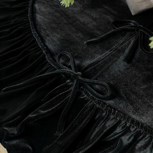 Ruffled Velvet Christmas Tree Skirt with Foam Padding, Nylon Backing and Lace-Up Tie Closure (Black, 72-Inch)