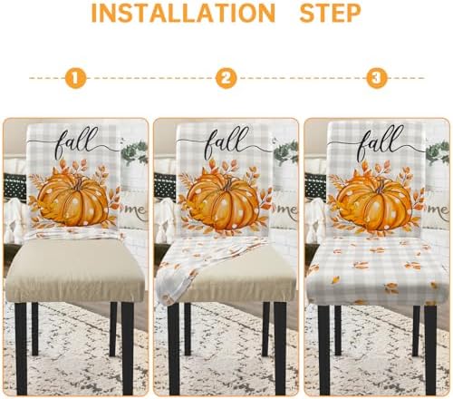 Fall Chair Covers Set of 4 Neutral Gingham Pumpkin Parsons Chair Slipcovers